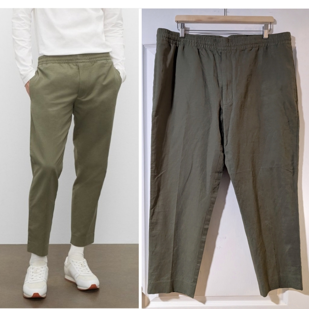 Nwt Club Monaco | Men's Elasticated Linen Blend Trousers In Olive Green